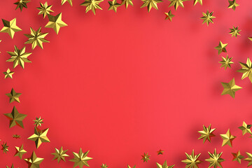 Christmas theme decoration composed with Xmas stars on red background. Top view or flat lay. 