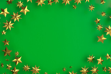Christmas theme decoration composed with Xmas stars on green background. Top view or flat lay. 