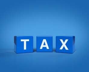 3d rendering, illustration of TAX letter on block cubes on light blue background, Business and finance concept