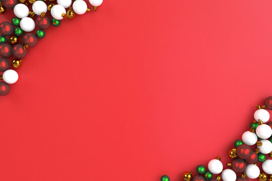 Christmas theme decoration composed with ornaments on red background. Top view or flat lay. 