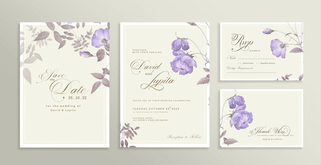 Fototapeta na wymiar Wedding Invitation Set with Save the Date, RSVP, Thank You Card. Vintage Wedding invitation template with Purple Rose