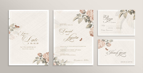 Wedding Invitation Set with Save the Date, RSVP, Thank You Card. Vintage Wedding invitation template with Brown Flower