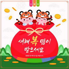 Year of the Tiger Korean traditional banner illustration. Korean Translation: Lunar New Year Sale Event, Chinese translation: Year of the Tiger