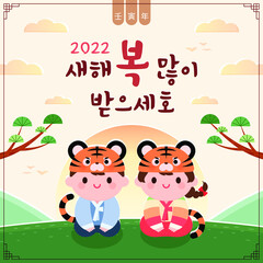 Year of the Tiger Korean traditional banner illustration. Korean Translation: Lunar New Year Sale Event, Chinese translation: Year of the Tiger