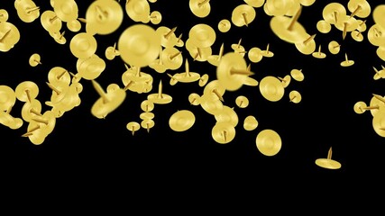 Golden pushpin floating in air on black background. Gold thumbtacks. Business equipment. Stationary illustration. Loop animation.