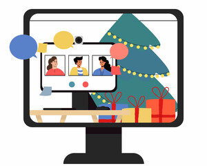 A group of friends communicate by video on Christmas Day. A holiday at a distance. Vector illustration