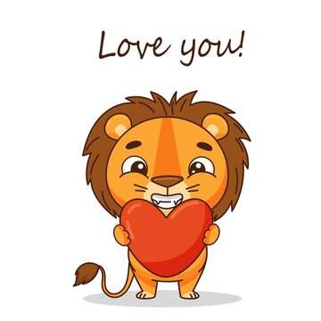 A little lion holds a heart in his hands. Cute greeting card for valentine's day. Vector illustration for designs, prints and patterns. Vector illustration