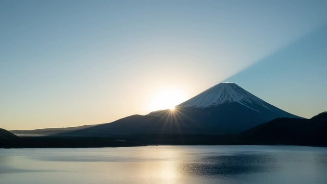 冬の本栖湖より望む富士山と日の出のタイムラプス映像（フィックス）