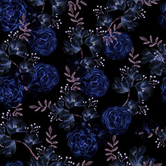 Watercolor seamless pattern with peony flowers and delphinium.