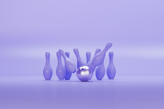 Bowling ball and scattered purple skittles isolated on yellow background. Realistic game set. Different concept idea. Trendy 3d render for social media banners, promotion, product
