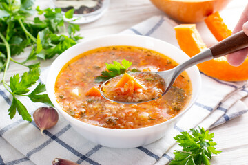Soup with pumpkin and vegetables. Healthy food, food for children.