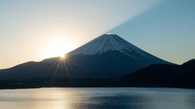 冬の本栖湖より望む富士山と日の出のタイムラプス映像（ズームアウト）