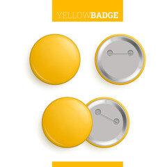 Set of yellow round metal blank pin buttons. Front and back side of glossy web badges with place for your text realistic vector illustration isolated on white background