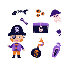 Vector illustration of a set with a little pirate and pirate things. Pink and purple color. Poster, for printing on textiles, for wall design. Hand-drawn style