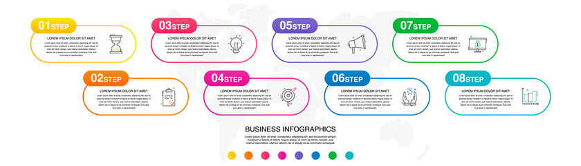 Vector 8 step line infographic labels with icons and squares. Modern timeline concept for chart, levels, web, diagram, banner, presentations, business, diagram, flowchart