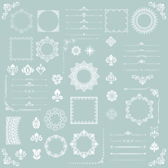 Vintage set of horizontal, square and round elements. Different elements for backgrounds, frames and monograms. Classic patterns. Set of vintage white patterns