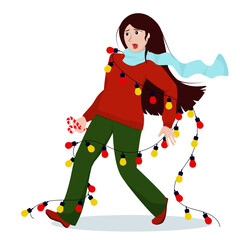 vector illustration of a young brunette woman who is entangled in a Christmas garland, isolated on a white background. Funny illustration on the theme of celebrating the new year