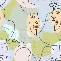 One line drawing. Abstract face seamless pattern.