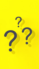 Question marks with shadow on yellow background. Technical support. Answers to questions. Vertical image. 3D image. 3D rendering.