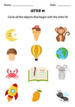 Letter recognition for kids. Circle all objects that start with M.