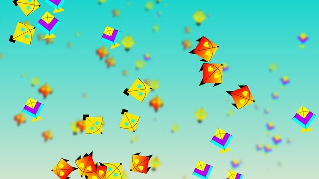 Flying colourful kites in  sky  blur animation. Kites background and animation.