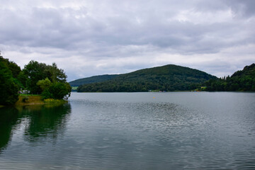 Bieszczady Mountains, view of the artificial lake Solina, a Polish tourist attraction on a cloudy day during the holidays. 