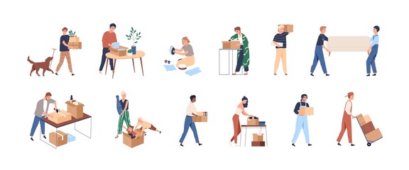 People with boxes during relocation set. Men, women, kids pack stuff into cardboards, relocate, leave homes and offices, move to new ones. Flat graphic vector illustration isolated on white background