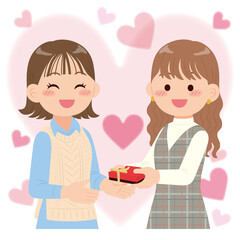 チョコを渡す女性カップル