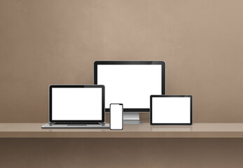 Computer, laptop, mobile phone and digital tablet pc. brown shelf banner
