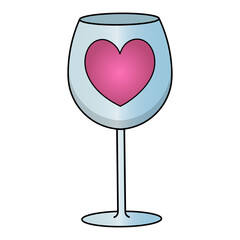 Wine glass. Crystal glassware is decorated with a pink heart. Colored vector illustration. Isolated background. Romantic print. Valentine day. Idea for web design.