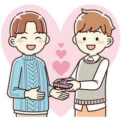 チョコを渡す男性カップル＿線画ver