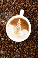 Sweet coffee aroma, coffee beans and hot morning coffee

