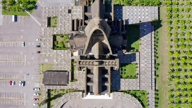 Basilica Catedral Nuestra Senora de la Altagracia in Higuey. Aerial reverse tilt up reveal