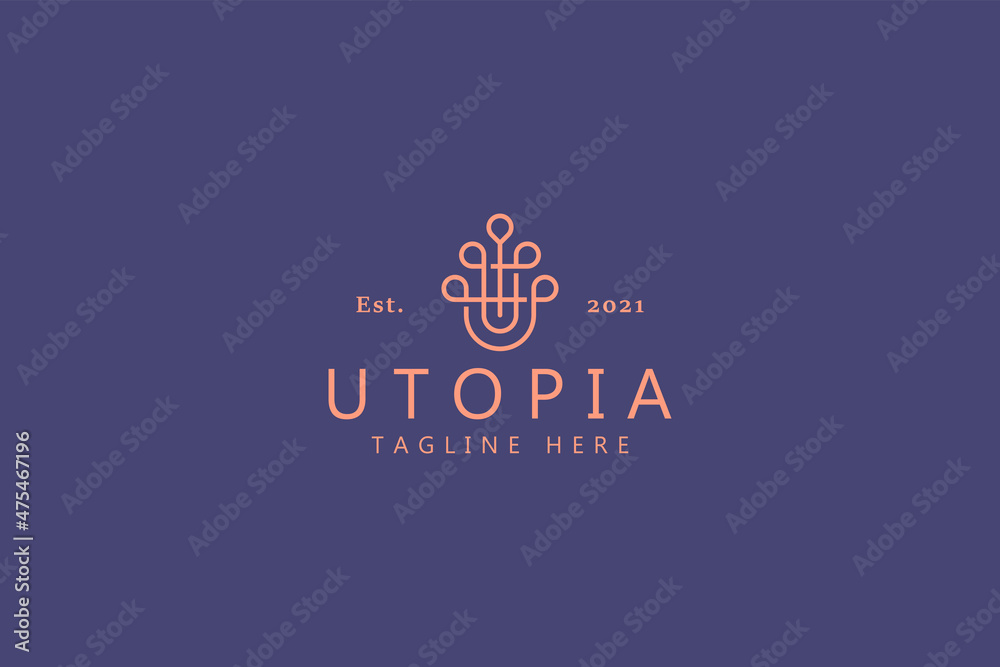 Canvas Prints Abstract Simple Line Logo Concept. Utopia Initial Letter U Ornament. The Unique Classic Kingdom Crown Monarch.