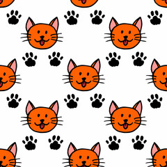 Naklejka premium Seamless pattern with orange cat and footprints on white background. Vector image.