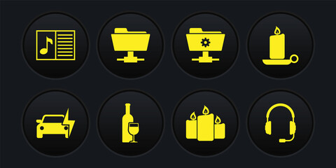 Set Electric car, Burning candle in candlestick, Wine bottle with glass, , FTP settings folder and icon. Vector