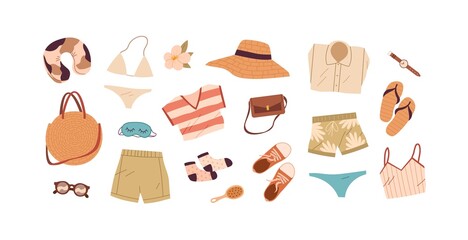 Summer travel stuff set. Beach clothes, accessories for summertime holiday. Bag, bikini, flip-flops, hat, swimsuit and pillow for vacation trip. Flat vector illustrations isolated on white background