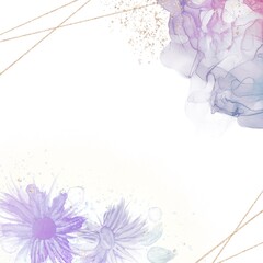 春のアルコールインクアート正方形バナー）紫のグラデーションの花　金色　グリッター　ロマンティック