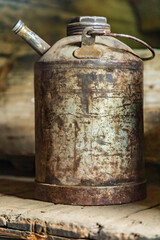 Latah, Washington State, USA. Vintage oil can in an old barn.