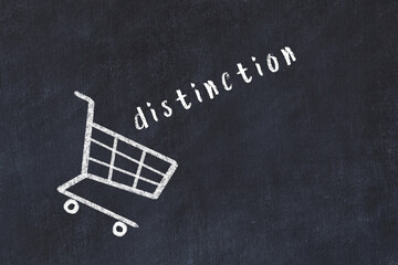 Chalk drawing of shopping cart and word distinction on black chalboard. Concept of globalization...