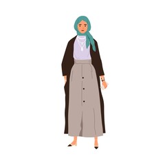 Muslim Arab woman wearing hijab and skirt. Modern Arabian female in headscarf in fashion casual apparel. Elegant Saudi person in stylish outfit. Flat vector illustration isolated on white background - obrazy, fototapety, plakaty