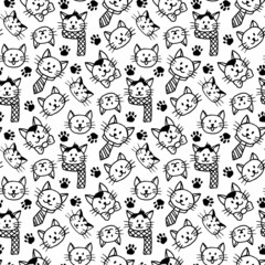 Seamless pattern with black and white cat on white background. Vector image.