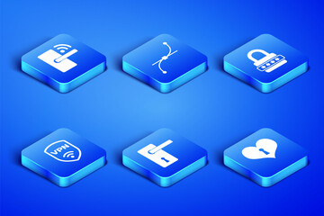 Set Heart with keyhole, Digital door lock wireless, Door handle, Shield VPN, Bezier curve and Password protection icon. Vector