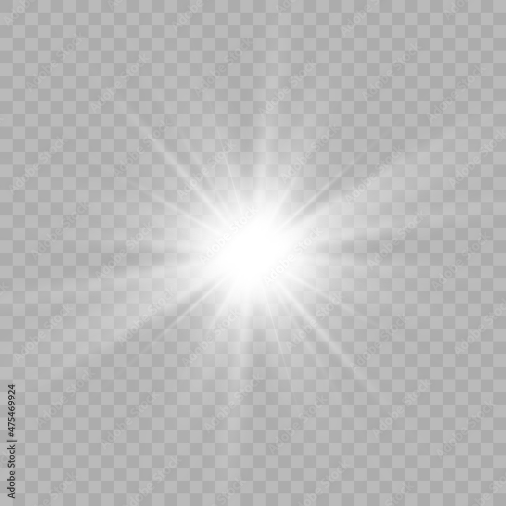 Poster bright white light effect with rays and highlights for vector illustration.