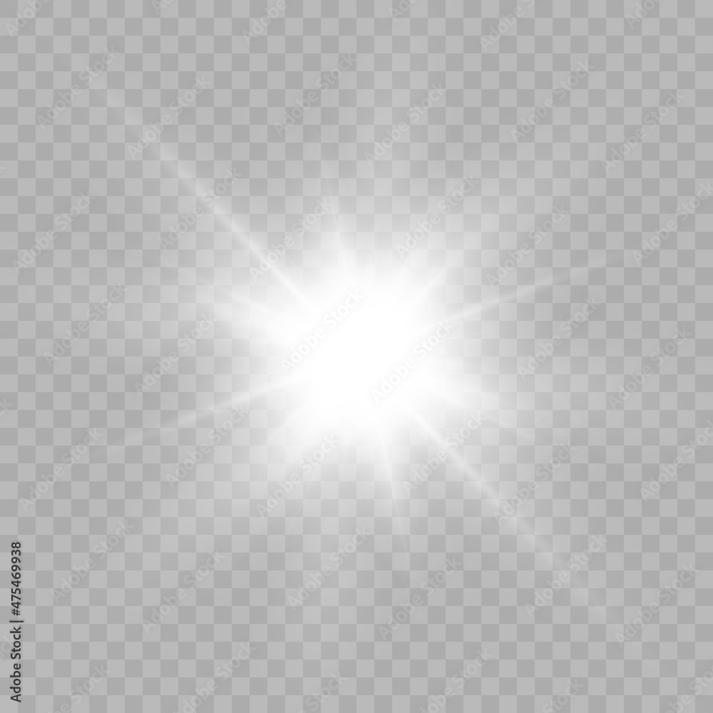 Poster bright white light effect with rays and highlights for vector illustration.