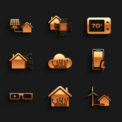 Set Internet of things, Smart home, House with wind turbine, Mobile charging battery, glasses, Thermostat and solar panel icon. Vector