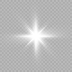 Bright white light effect with rays and highlights for vector illustration.