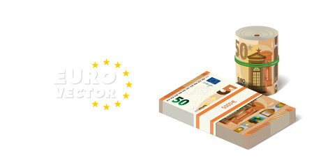 3D European banknotes are rolled and tied with a green rubber band. A bundle of voluminous paper money in a bank tape, denomination of 50 euros on a white background. Wide economic poster or banner