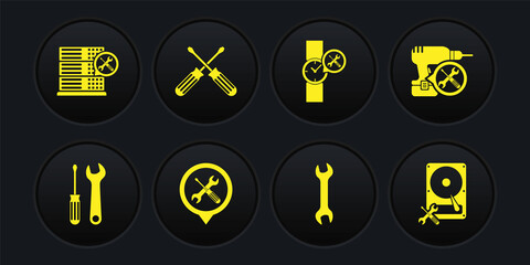 Set Screwdriver and wrench, Drill machine service, Location, Wrench, Wrist watch, Crossed screwdrivers, Hard disk and Database server icon. Vector