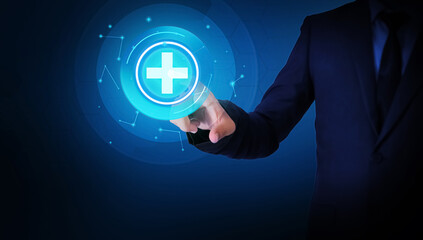 Digital Health Concept Background with Man Touching the health Icon on Screen